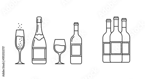 minimalist vector icons depicting champagne and wine bottles with glasses suitable for drink menus or celebration themes.