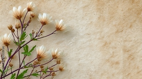 Delicate white flowers with green leaves on textured beige background. Soft natural arrangement evokes calmness and simplicity. Perfect for wedding, greeting cards, or vintage design projects