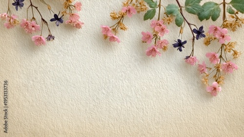 Delicate pink cherry blossoms hang gracefully from branches, mingled with dark purple flowers. Green leaves add contrast against a textured cream backdrop. The arrangement evokes springtime freshness