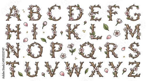 Spring floral alphabet with hand drawn cherry blossoms and wooden tree branches, decorative vintage font vector illustration