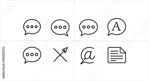 set of minimalist digital interface icons symbolizing communication language chat and document management for web and app design.