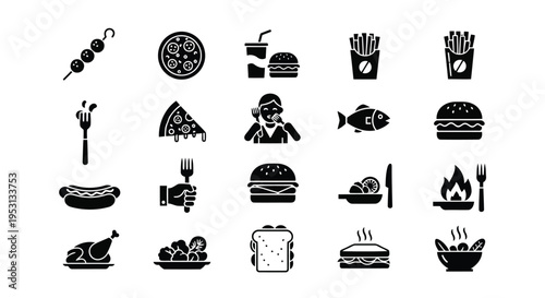 Assorted icons representing various food and drink items in a playful black and white style