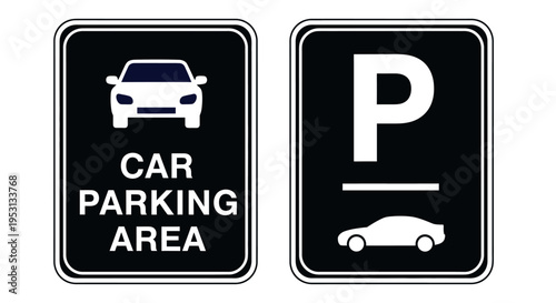 vector illustration of two informational car parking signs with P symbol and vehicle icon guiding drivers to designated parking spaces.