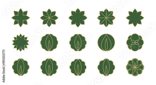 Fifteen green and gold floral or stylized emblems arranged in a threebyfive grid