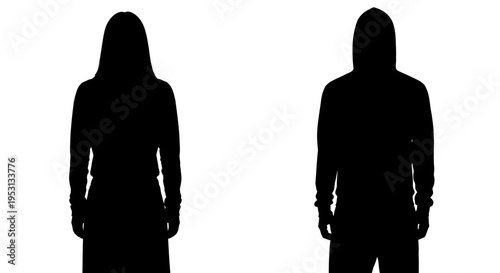 two black silhouettes of an unrecognizable female and male standing on a white background symbolizing anonymity identity and privacy concepts.