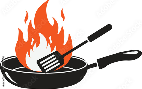 Kitchen Fire Safety Vector, Burning Frying Pan Icon Illustration