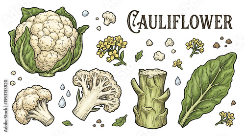Hand-drawn cauliflower set featuring whole vegetable, florets, cross-section, stalk, and green leaves. Vintage engraving style vector illustration for organic food, market, and menu design.