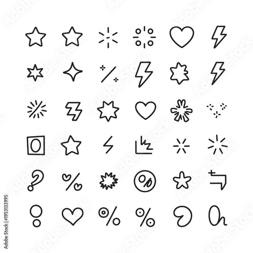 Collection of simple black line icons featuring stars hearts lightning and various symbols