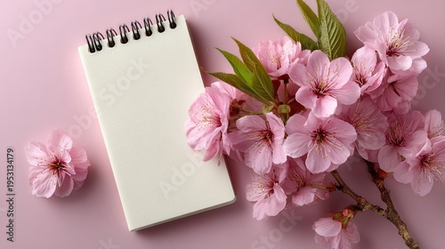 Blank notebook beside delicate pink cherry blossoms. Soft pastel background enhances springtime mood. Perfect for creative projects or seasonal themes. Gentle beauty inspires writing, journaling