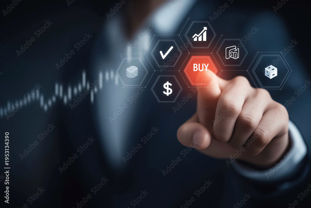 Fototapeta premium A suited businessman presses a glowing red buy button surrounded by digital financial investment hexagon icons.