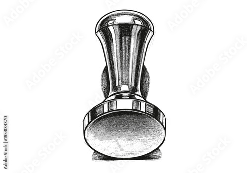 Detailed sketch of a polished metal coffee tamper with a flared handle on a white background