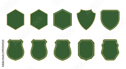 Ten dark green shapes with gold borders arranged in two rows