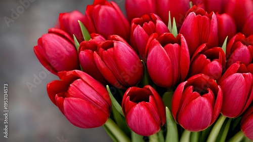 Vibrant red tulips cluster tightly, petals glossy and softly curved. Green stems rise strong against blurred gray background. Flowers feel fresh, bold, and full of springtime energy