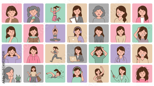 Woman avatar set with daily activities and mood expressions flat art
