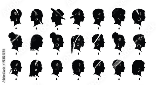 Silhouettes of diverse headwear styles and human profiles in black and white