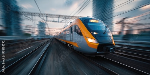 High-speed train traveling on tracks with motion blur effect.