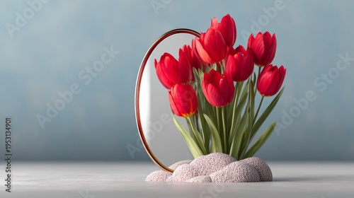 Red tulips bloom in minimalist vase, surrounded by pebbles on white surface. Soft blue background creates calm, modern aesthetic. Ideal for spring themes, weddings, or floral design projects