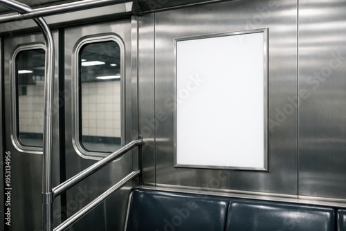 blank vertical poster mockup inside a steel subway train car above dark blue seats, significant empty space for text banner, concept of transit advertising marketing agency