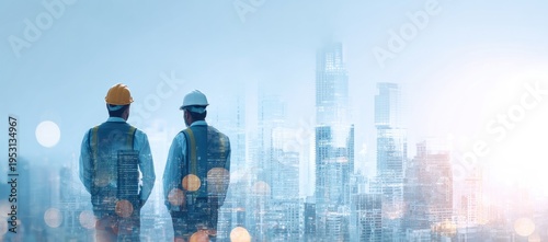 Two construction workers in hard hats looking at a city skyline at sunrise.