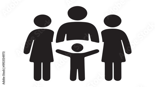 Community support and family protection icon, black silhouette of people caring for a child.