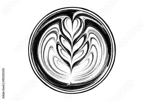 Abstract black and white latte art design with a central heart shape and swirling patterns