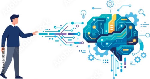 Man interacting with digital brain.