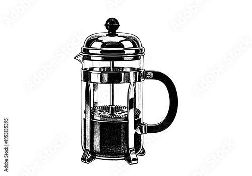 Classic French press coffee maker with glass carafe and metal filter, isolated on white