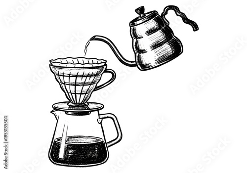 Hand-drawn illustration of pour-over coffee brewing process with gooseneck kettle and filter