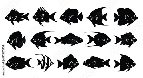 Diverse silhouettes of various fish species swimming in formation