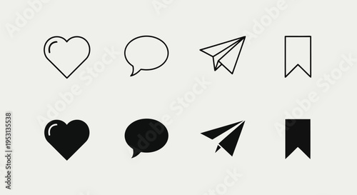 Set of black and white outline and filled icons depicting love, speech, flight, and bookmark