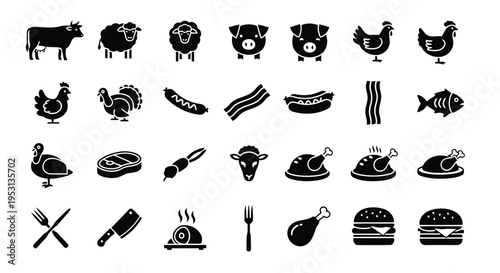 A collection of icons representing various animals and food items in a stylized manner