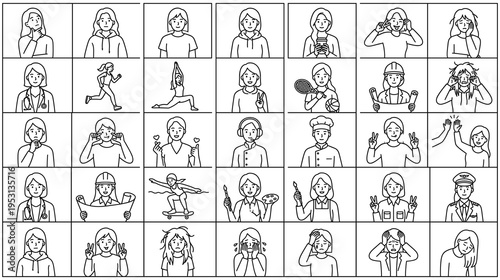 Hand drawn female career and emotion outline icons for web and print