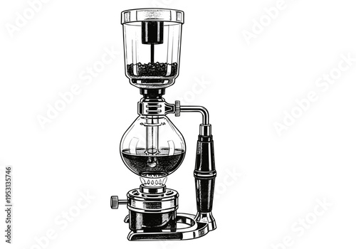 Vintage siphon coffee maker illustration with detailed line art and shading on white background