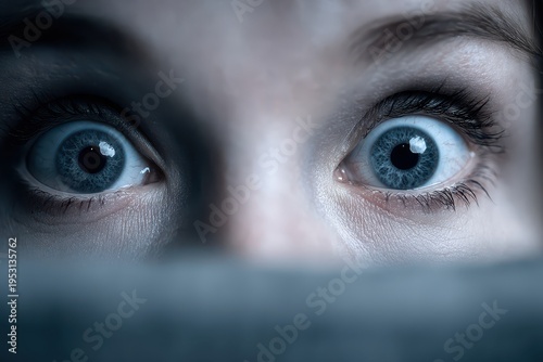 A close-up shot capturing a woman's intensely wide, scared eyes with dilated pupils, conveying a sense of fear, horror and apprehension in the darkness.