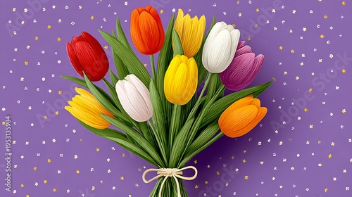 Vibrant bouquet of tulips in red, yellow, white, and purple. Green stems tied with a bow. Speckled purple background adds festive charm. Ideal for spring, Easter, or romantic occasions