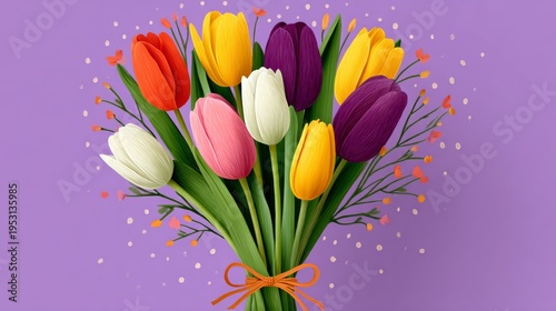 Vibrant bouquet of tulips in red, yellow, pink, white, and purple hues. Delicate petals and green stems tied with rustic twine. Background features soft purple with scattered white dots