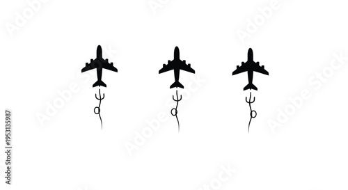 Three airplanes flying in a straight formation with downward arrows beneath them