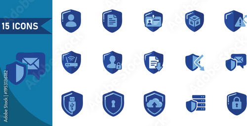 Set of fifteen blue shield security vector icons representing digital data protection cyber safety privacy management and network infrastructure technology symbols