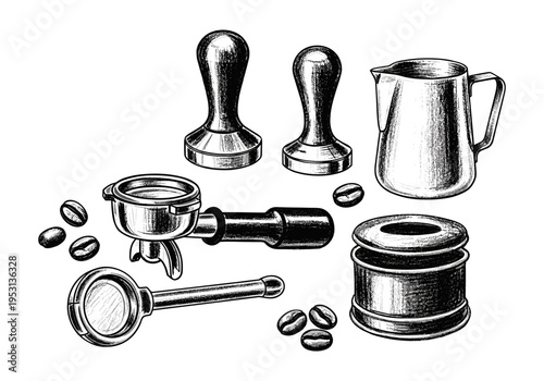 Espresso machine accessories and coffee beans in a hand-drawn sketch style