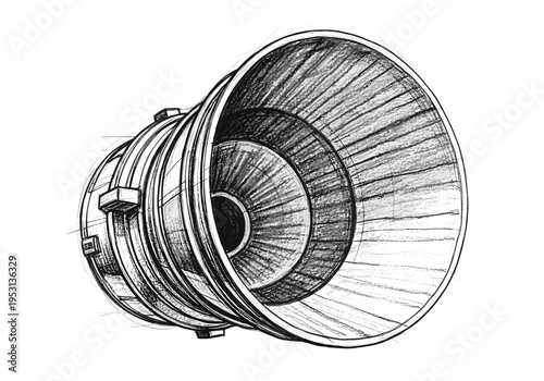 Detailed sketch of a rocket engine nozzle with intricate internal fins and external casing