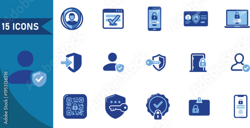 Set of 15 flat blue security and user authentication vector icons featuring digital privacy symbols for web interface design and secure data protection systems