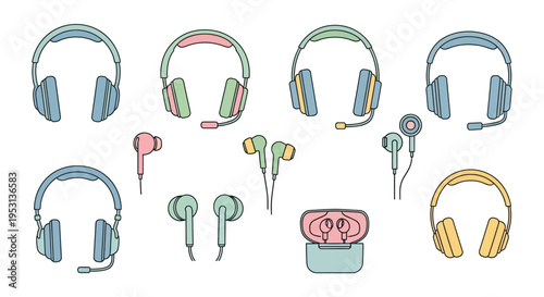 Colorful headphones and earbuds set.