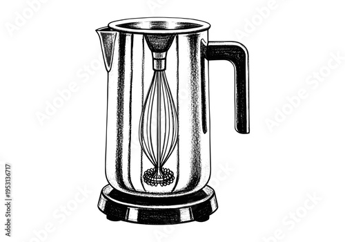 Vintage milk frother with whisk attachment, black and white illustration