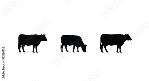 Three silhouetted cows grazing in a minimalist black and white illustration