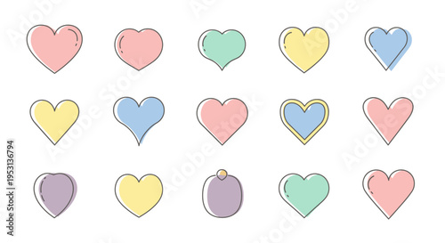 Colorful hearts in various pastel shades.