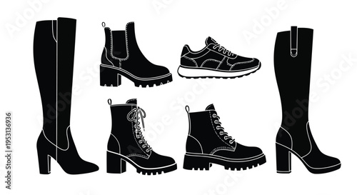 Varied styles of women's boots and legwear in monochrome silhouettes