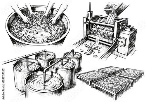 Illustration of a food processing plant showing multiple stages of production