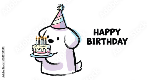 Vector birthday dog holding cake with candles and party hat