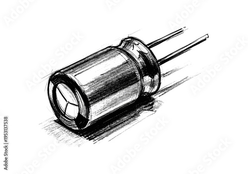 Sketch of a cylindrical electronic capacitor with two leads on a white background