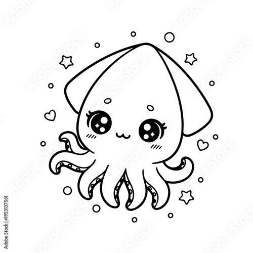 Cute squid character coloring page, adorable kawaii sea animal with big eyes, funny marine creature with stars and hearts line art, vector illustration for kids